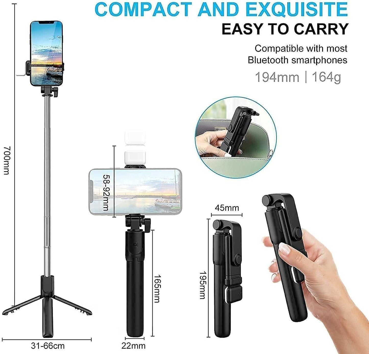 Extendable Flash 3-in-1 Selfie Stick Tripod with Bluetooth Remote easy to carry