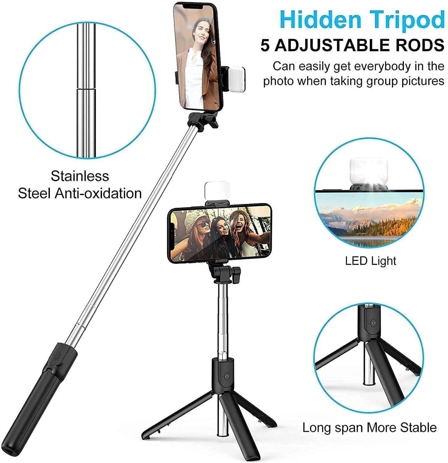 Extendable Flash 3-in-1 Selfie Stick Tripod with Bluetooth Remote hidden
