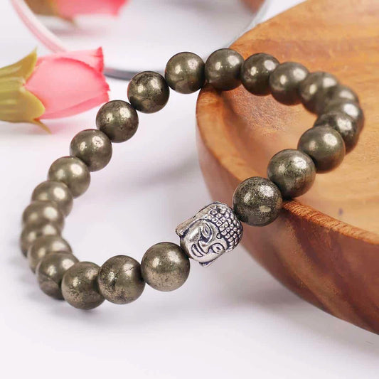 Unisex Pyrite Elastic Bracelet with Lucky Charm`