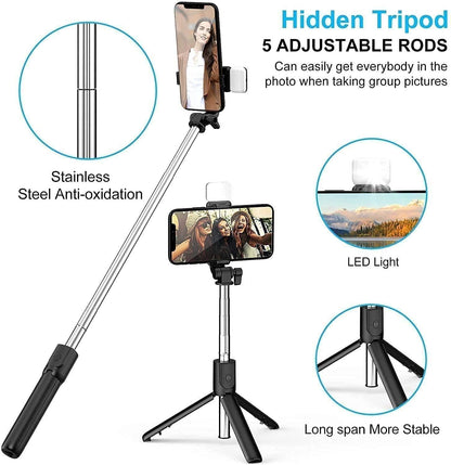 Extendable Flash 3-in-1 Selfie Stick Tripod with Bluetooth Remote hidden
